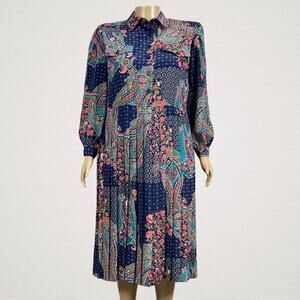 VTG Leslie Fay Blue Floral Geo Paisley Print Midi Length Casual Dress 12P